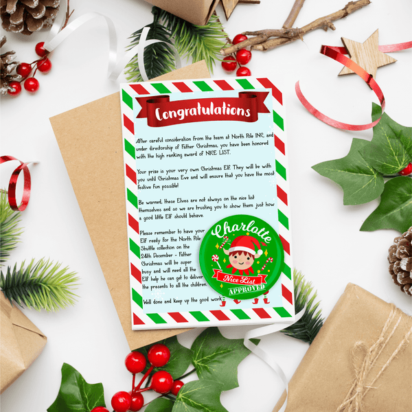 Cute Elf Arrival Letter with Santa Nice List Name Badge