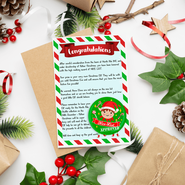 Cute Elf Arrival Letter with Santa Nice List Name Badge