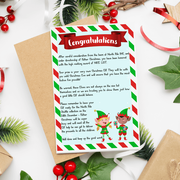 Cute Elf Arrival Letter with Santa Nice List Name Badge