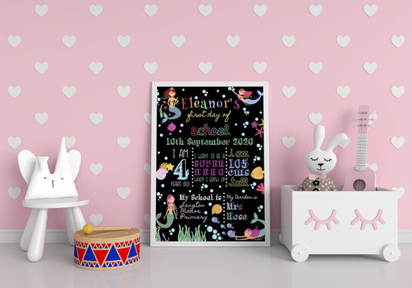Mermaid First Day of School Sign - Personalised Chalkboard Print Prints ChibiChiDesign