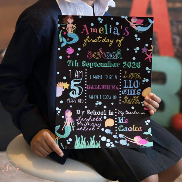 Mermaid First Day of School Sign - Personalised Chalkboard Print Prints ChibiChiDesign