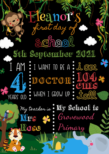 Personalised First Day of School Print - Cute Safari Animals Jungle Theme Prints Chibi Chi Designs