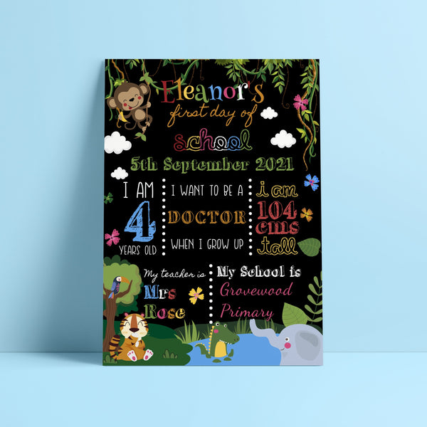 Personalised First Day of School Print - Cute Safari Animals Jungle Theme Prints Chibi Chi Designs