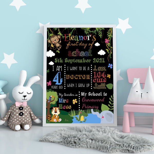 Personalised First Day of School Print - Cute Safari Animals Jungle Theme Prints Chibi Chi Designs