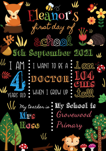 Personalised First Day of School Print - Cute Woodland Animals Theme Prints Chibi Chi Designs