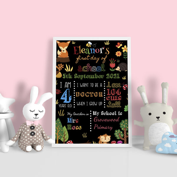 Personalised First Day of School Print - Cute Woodland Animals Theme Prints Chibi Chi Designs