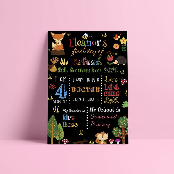 Personalised First Day of School Print - Cute Woodland Animals Theme Prints Chibi Chi Designs