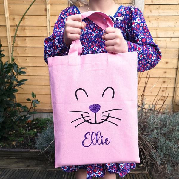 Personalised Name Easter Bunny Egg Hunt Bag Tote Bags ChibiChiDesign