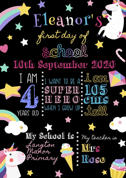 Unicorn First Day of School Sign - Personalised with your details Prints Chibi Chi Designs