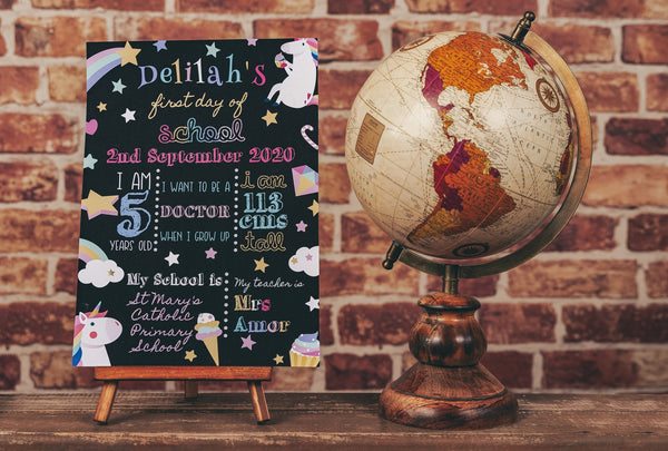 Unicorn First Day of School Sign - Personalised with your details Prints Chibi Chi Designs