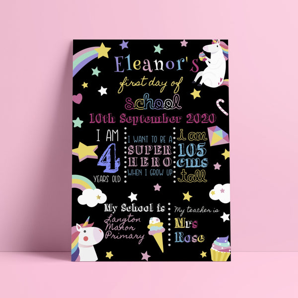 Unicorn First Day of School Sign - Personalised with your details Prints Chibi Chi Designs