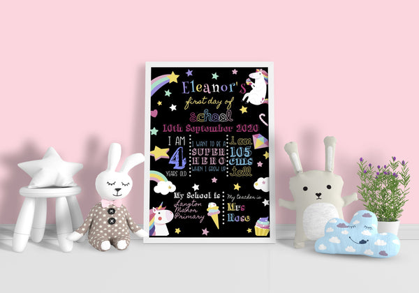 Unicorn First Day of School Sign - Personalised with your details Prints Chibi Chi Designs