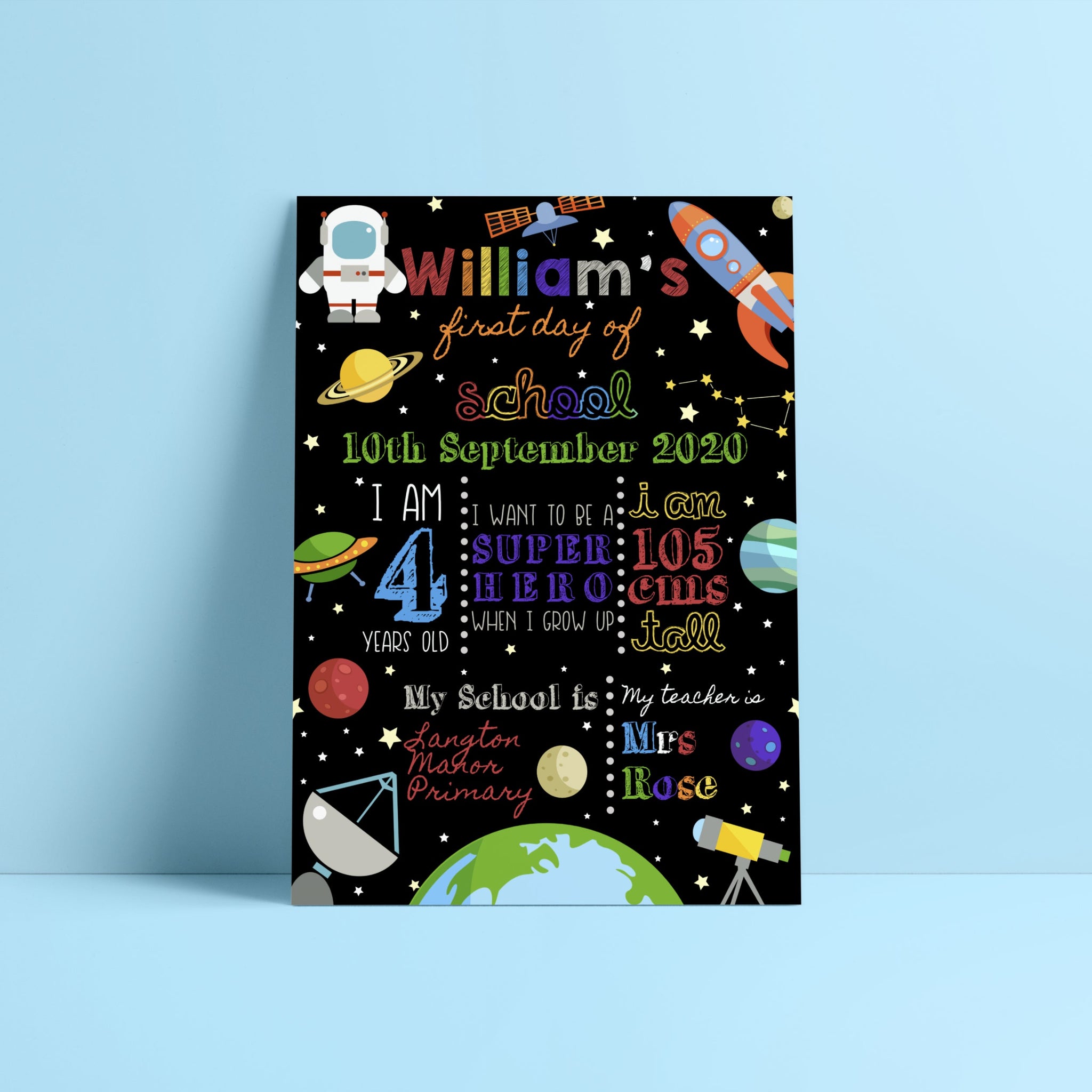 Personalized Space-Themed First Day of School Board for Kids