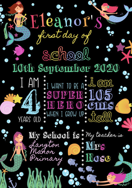 Mermaid First Day of School Sign - Personalised Chalkboard Print Prints ChibiChiDesign 