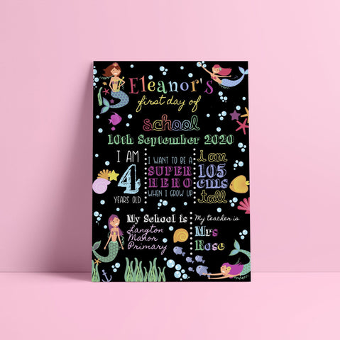 Mermaid First Day of School Sign - Personalised Chalkboard Print Prints ChibiChiDesign 