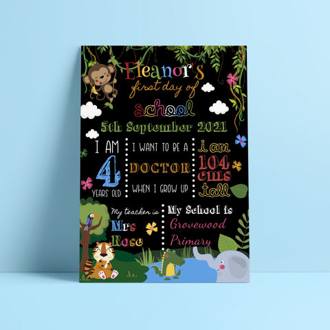 Personalised First Day of School Print - Cute Safari Animals Jungle Theme Prints Chibi Chi Designs 