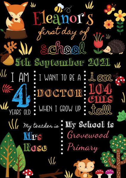 Personalised First Day of School Print - Cute Woodland Animals Theme Prints Chibi Chi Designs 