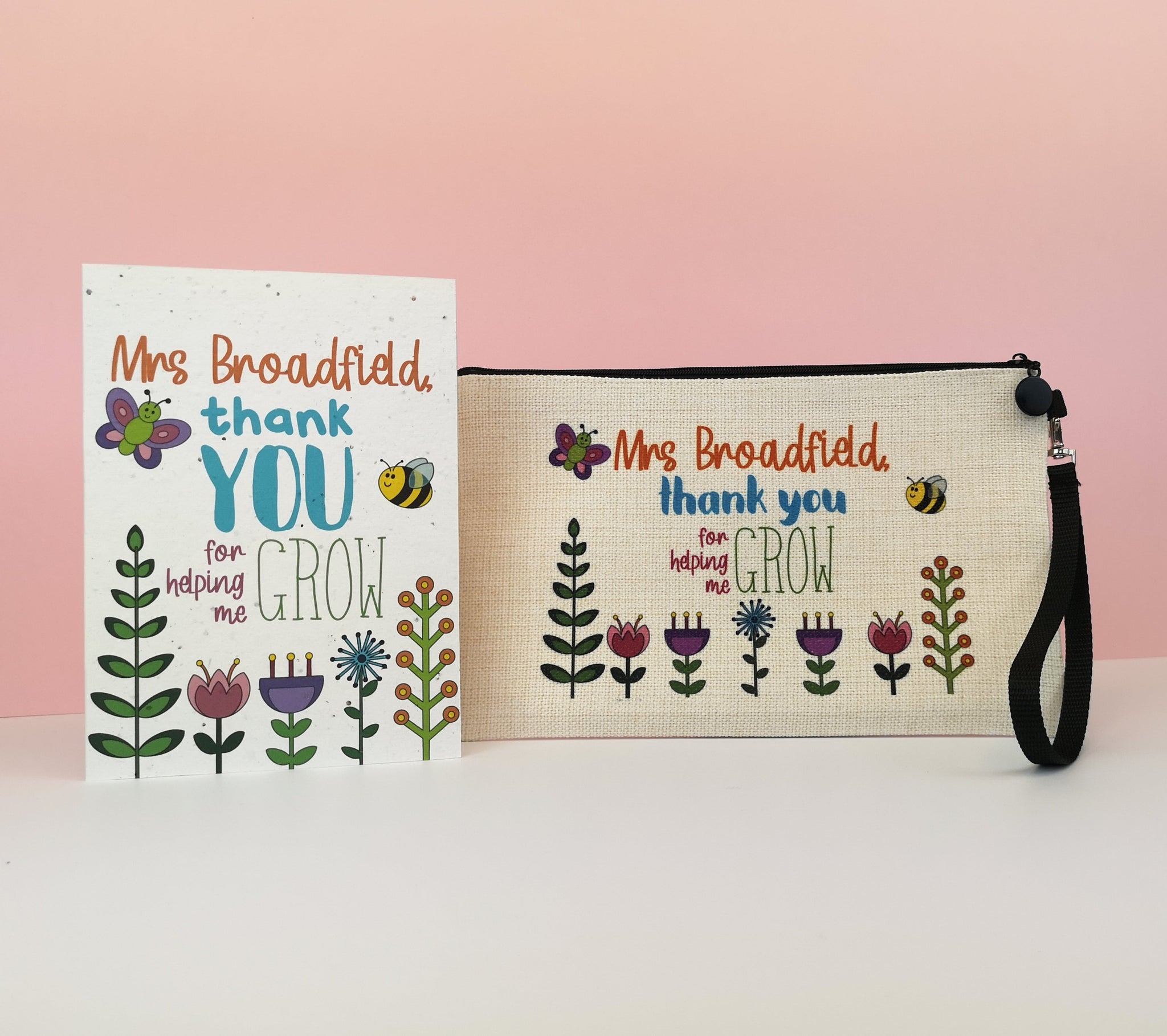 Plantable Teacher Card and Personalised Pencil Case Gift Set Accessory Bag Chibi Chi Designs 