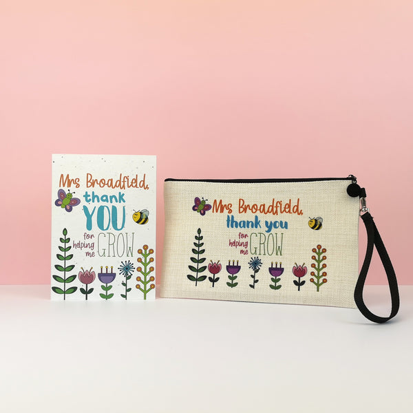 Plantable Teacher Card and Personalised Pencil Case Gift Set Accessory Bag Chibi Chi Designs 