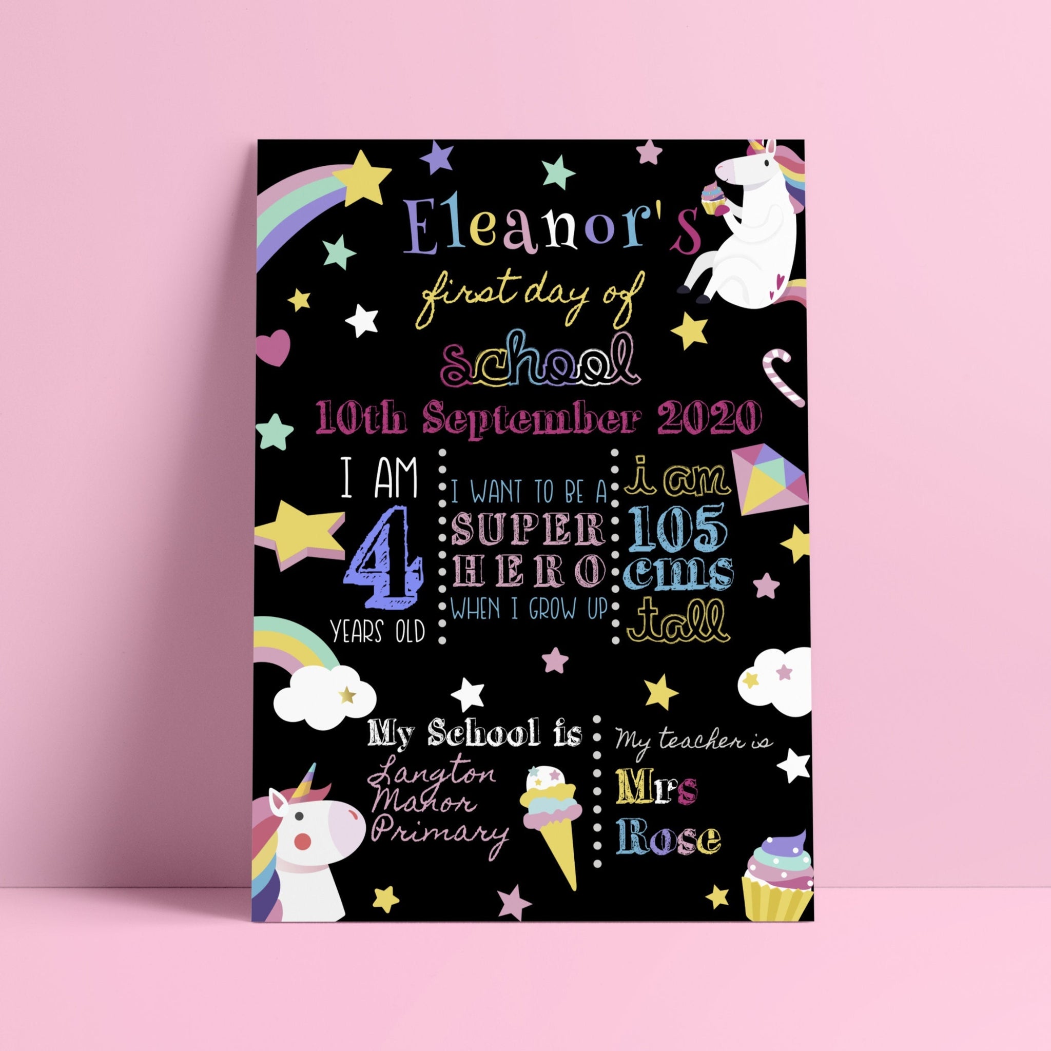 Unicorn First Day of School Sign - Personalised with your details Prints Chibi Chi Designs 