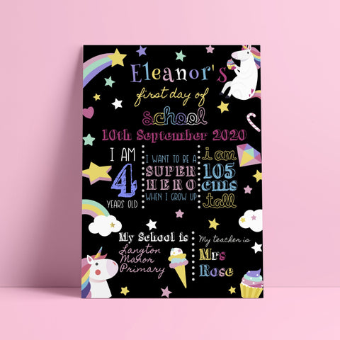 Unicorn First Day of School Sign - Personalised with your details Prints Chibi Chi Designs 